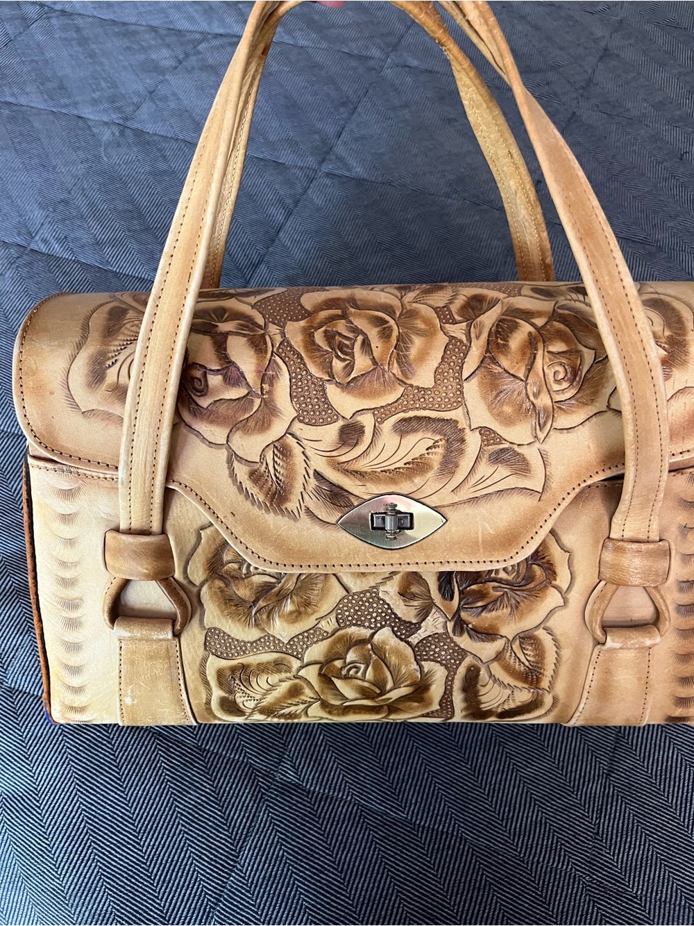 Vintage Hand-Tooled Floral Leather Satchel - Made in Mexico